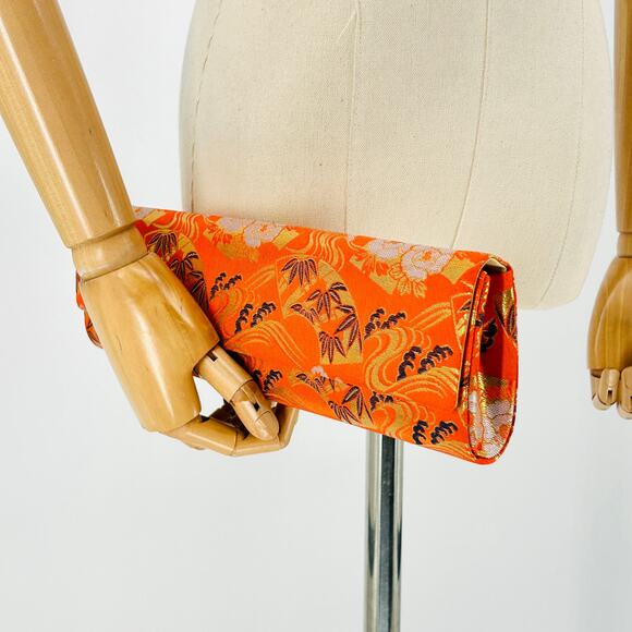 Vintage Asian Orange Gold Brocade Satin Slim Clutch Bag - Picture 1 of 7